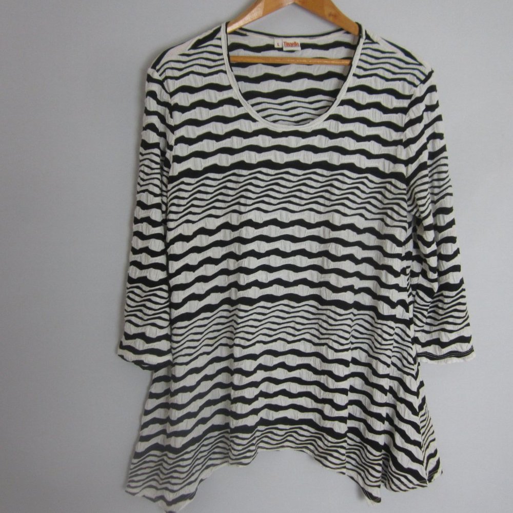 Tianello Womens Large Black White Striped 3/4 Sleeve Rayon Blend Tunic Shirt